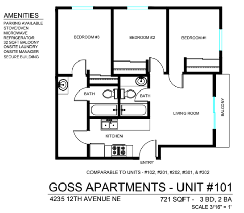 Floor plan for 3 beds, 2 baths, 767 sqft